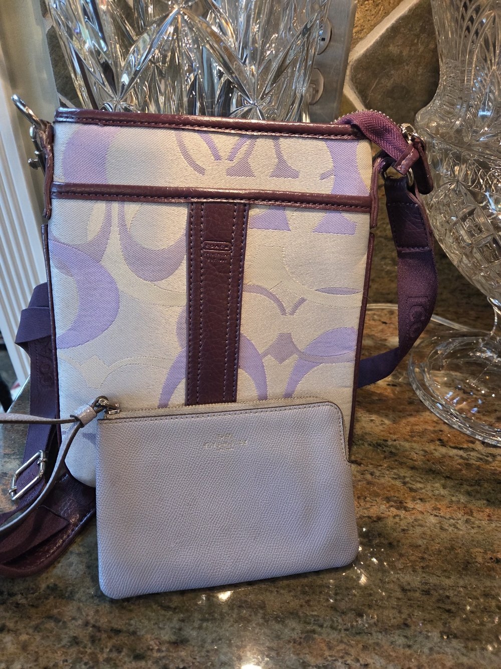 Coach Signature Canvas Crossbody Bag in Purple With Light Purple Wristlet